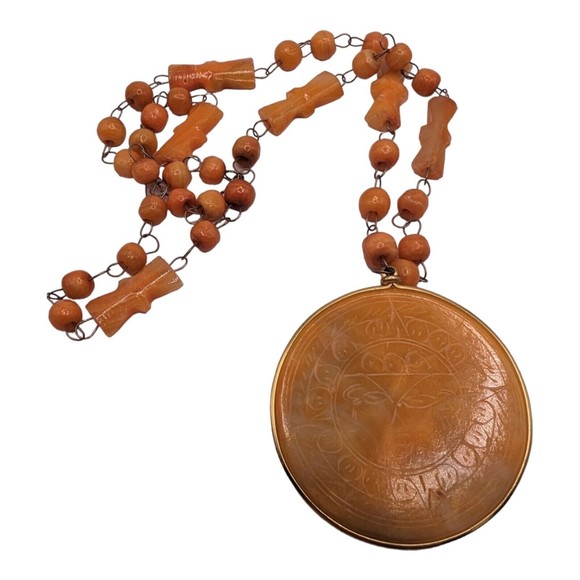 Unbranded Jewelry - Vintage Orange Aventurine Carved Stone Aztec Pendant Necklace Tribal Sun Dial